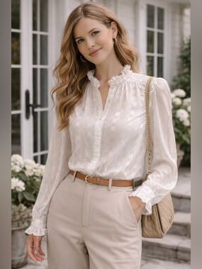 Vintage Chagall Satin Blouse Ruffle Neck Ivory Button Front Size 10